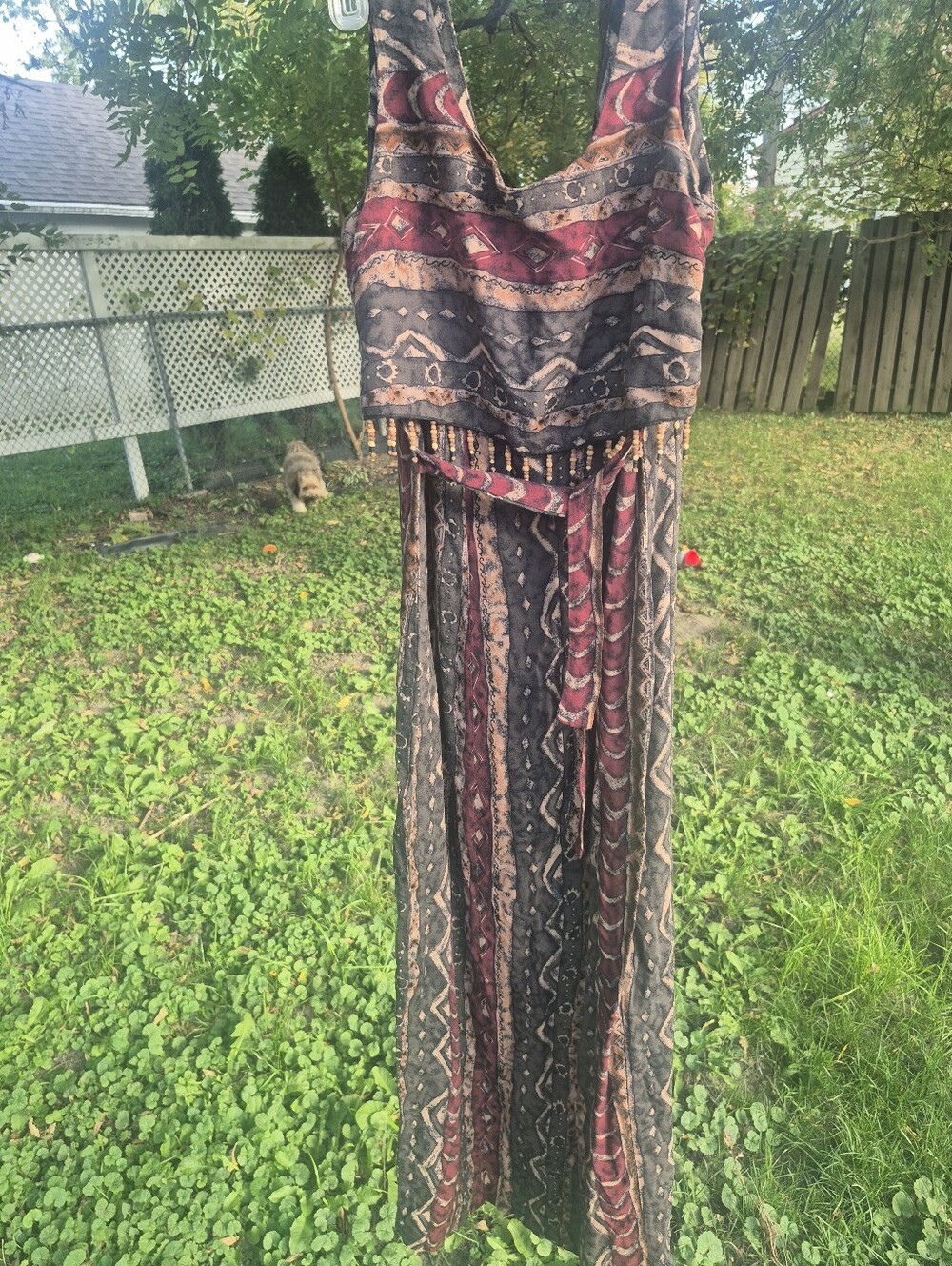 Vintage Boho Maxi Dress with Burgundy and Olive Tribal Print